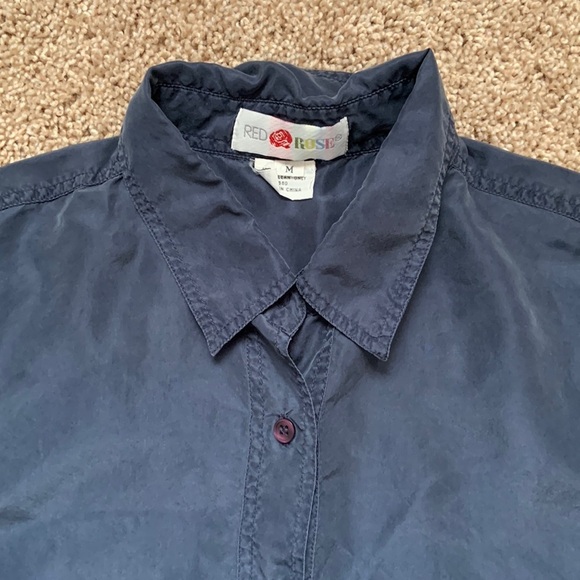 Red Rose Shirt Mens Sz M Blue 100% Silk Short Sleeve Button-Down Casual Summer - Picture 3 of 5